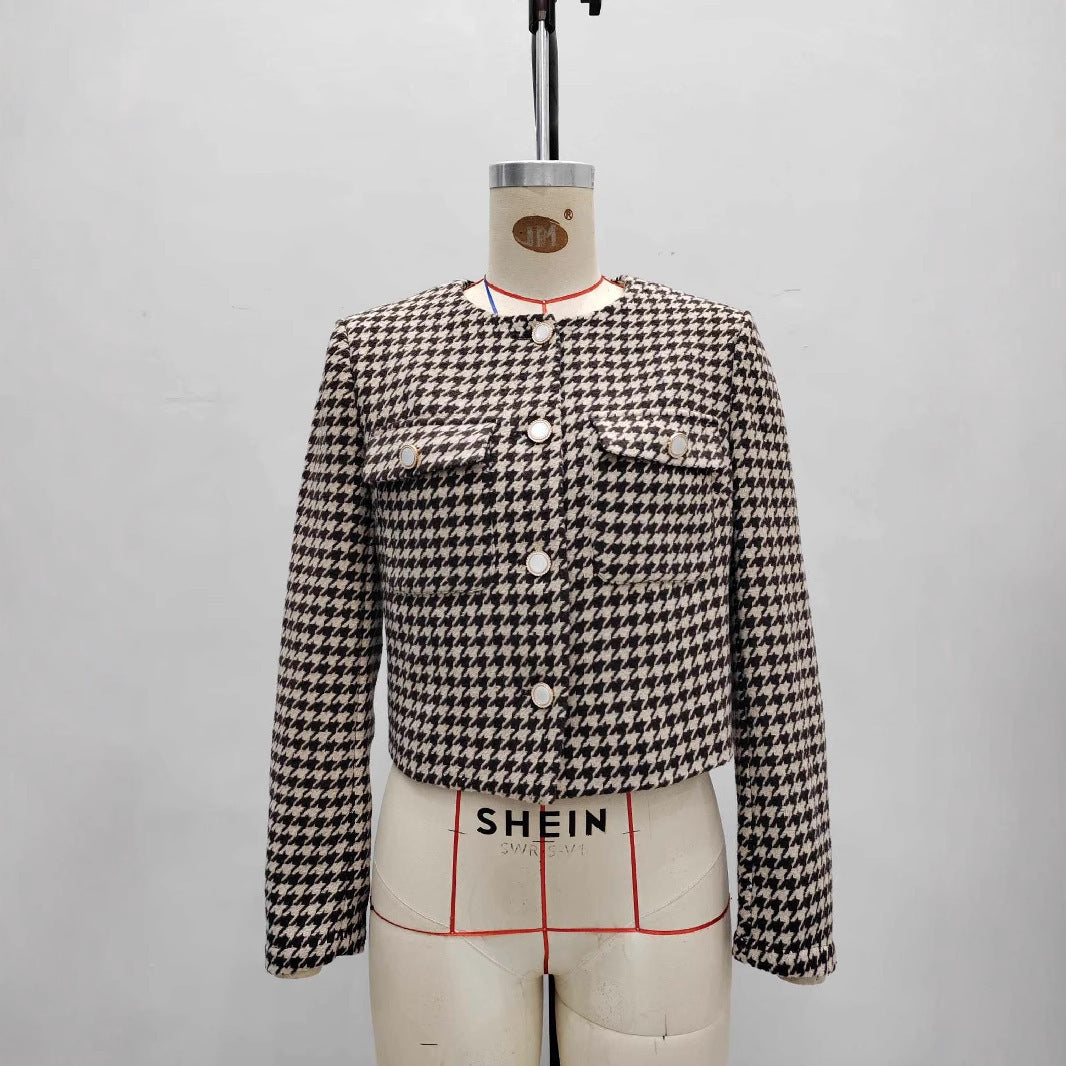 Round Neck Metal Buckle Double Pocket Embellished Coat