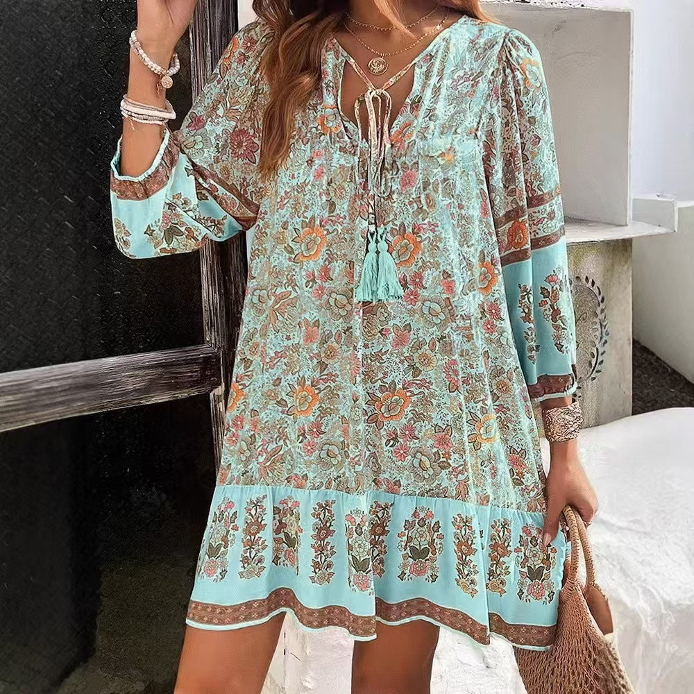 Spring And Summer Leisure Bohemian Holiday V-neck Dress For Women
