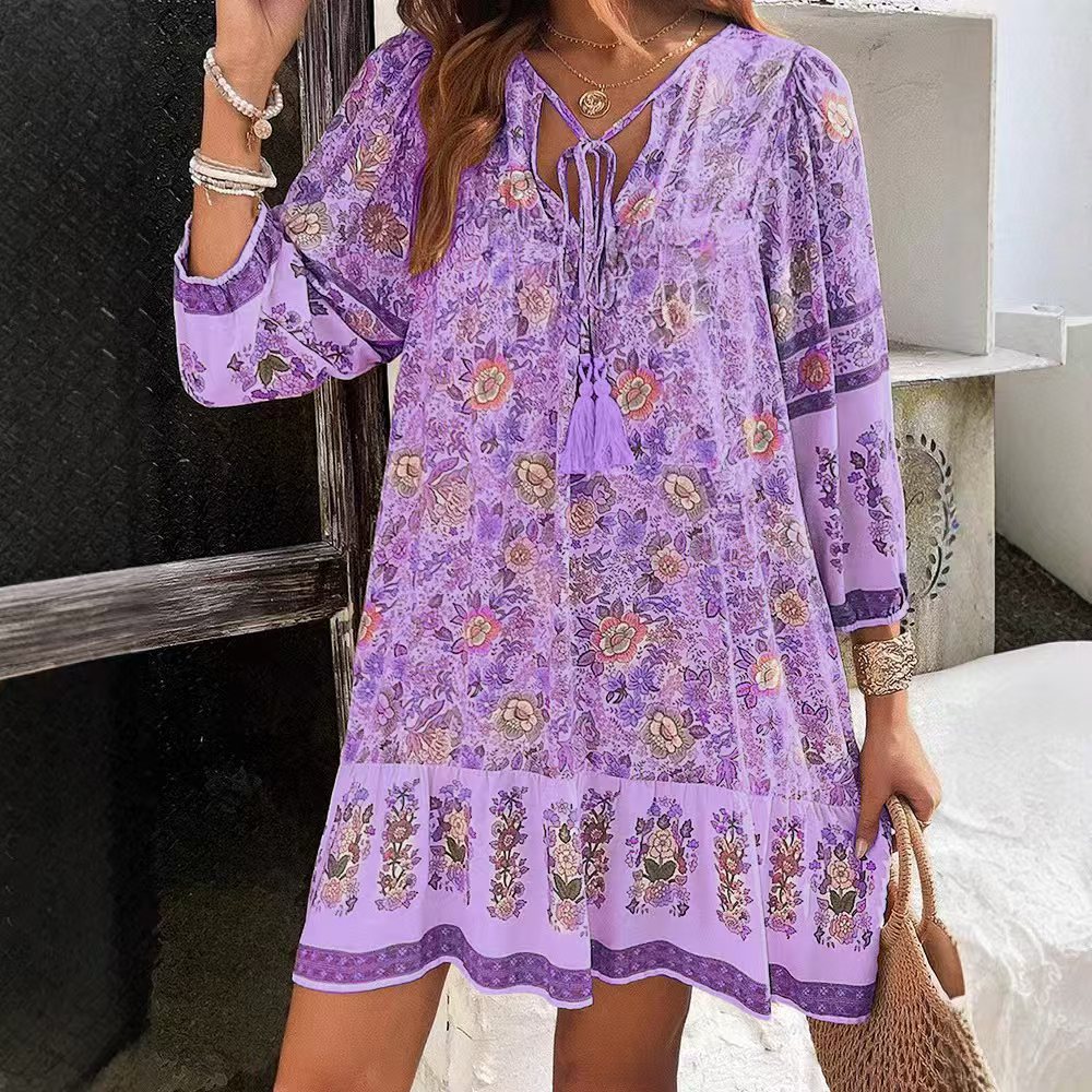 Spring And Summer Leisure Bohemian Holiday V-neck Dress For Women