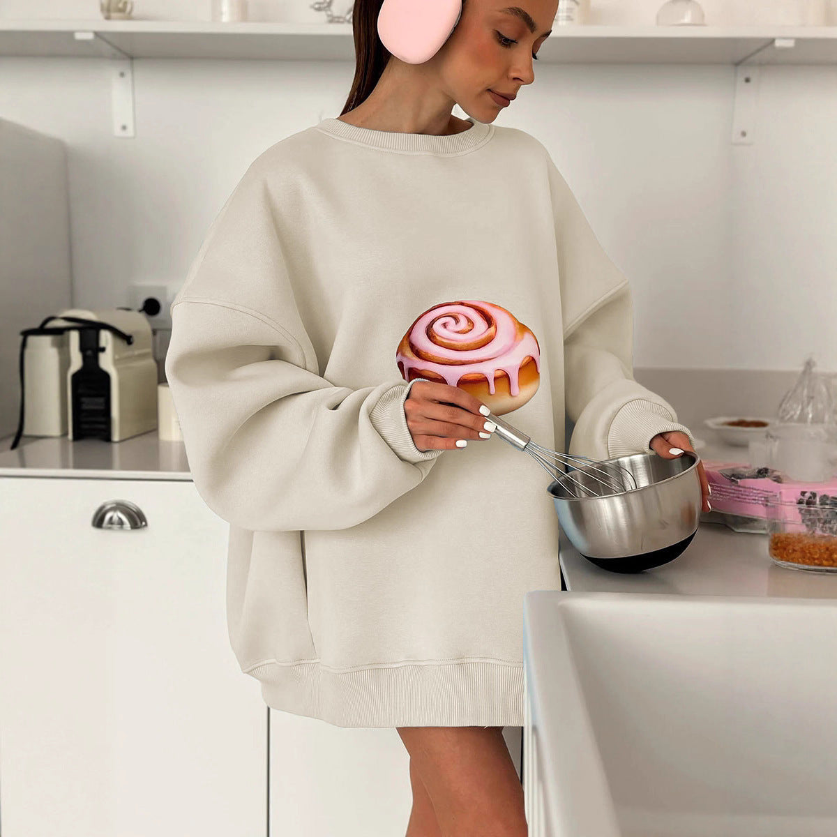 Autumn And Winter Fleece-lined Loose Slimming Long Sleeves Crew Neck Pullover Sweatshirt Women