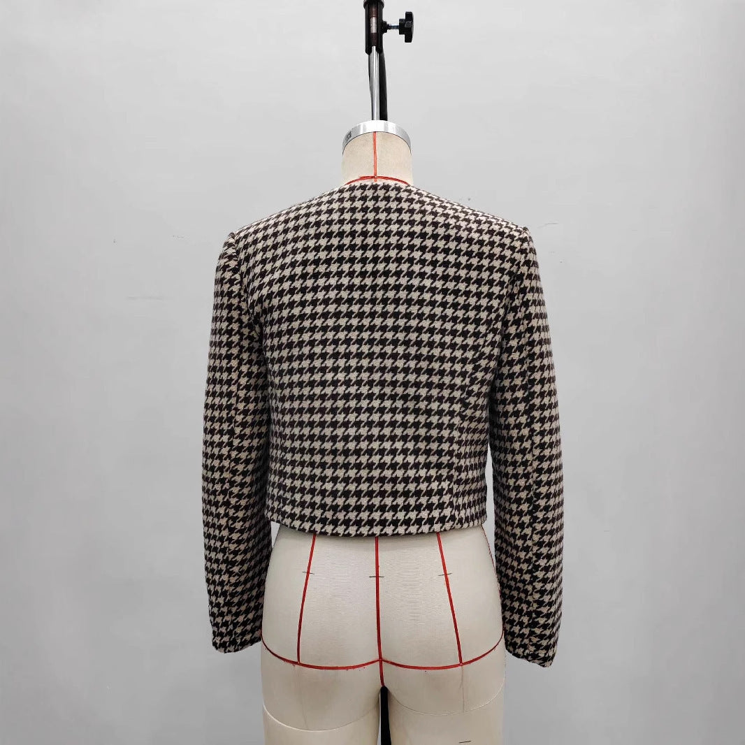 Round Neck Metal Buckle Double Pocket Embellished Coat