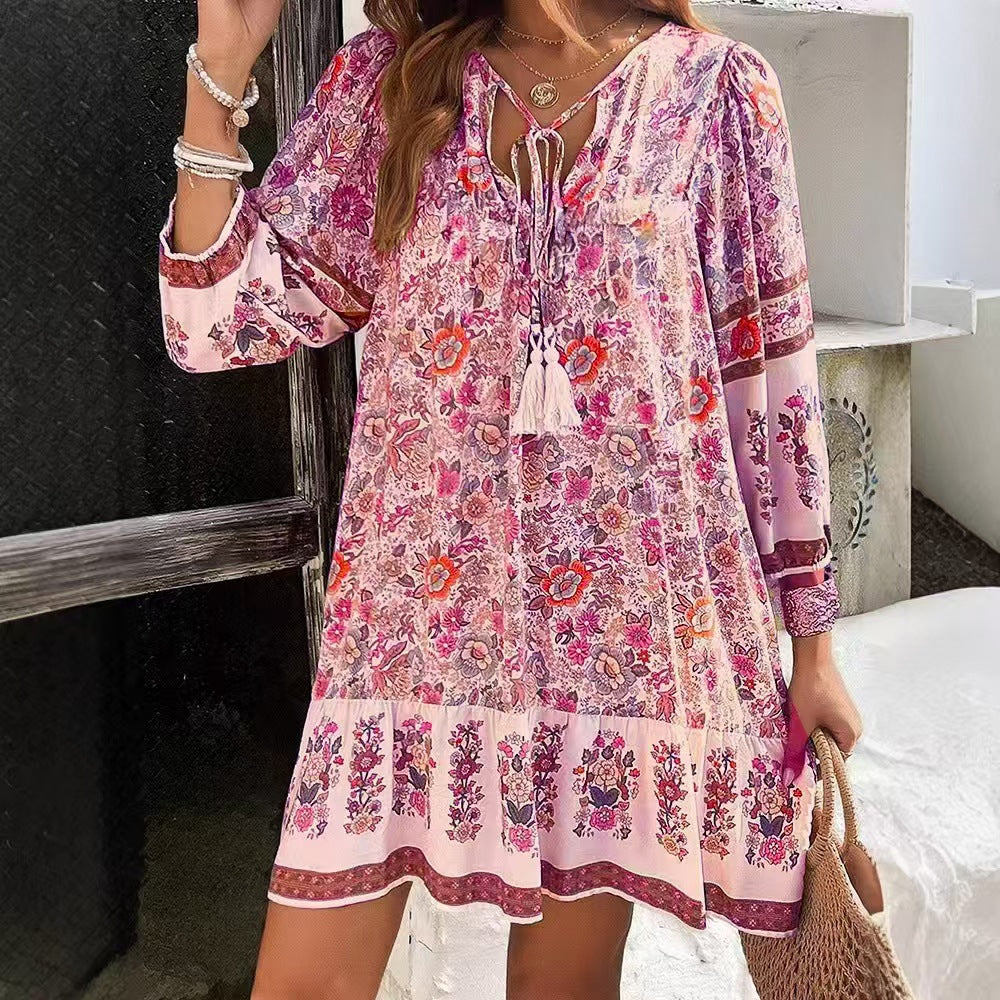 Spring And Summer Leisure Bohemian Holiday V-neck Dress For Women