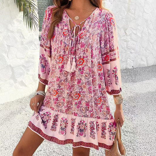 Spring And Summer Leisure Bohemian Holiday V-neck Dress For Women