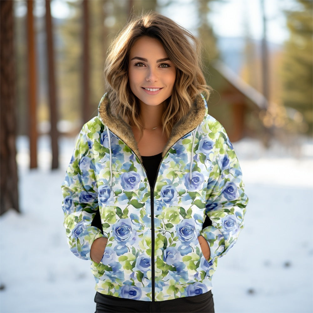 Digital Printing Autumn And Winter Women's Hooded Zipped Cotton-padded Jacket Coat