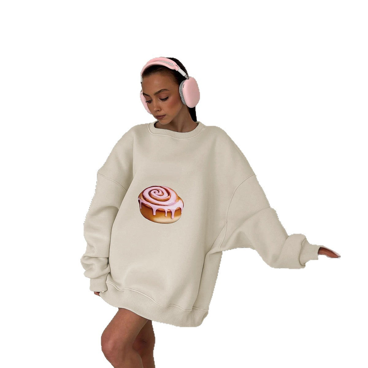 Autumn And Winter Fleece-lined Loose Slimming Long Sleeves Crew Neck Pullover Sweatshirt Women