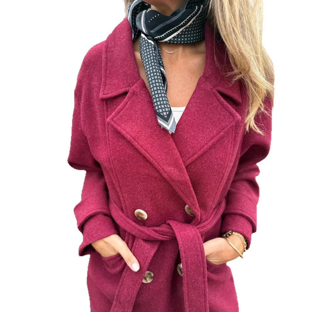 Autumn And Winter Lacing Cardigan Casual Long Sleeve Lapel Woolen Pocket Coat Women