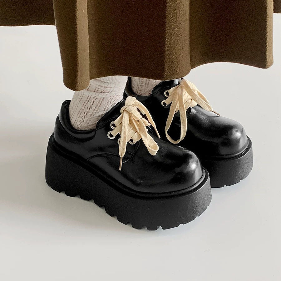 Retro British Matte Black Thick Sole Increased By Lace-up Leather Shoes