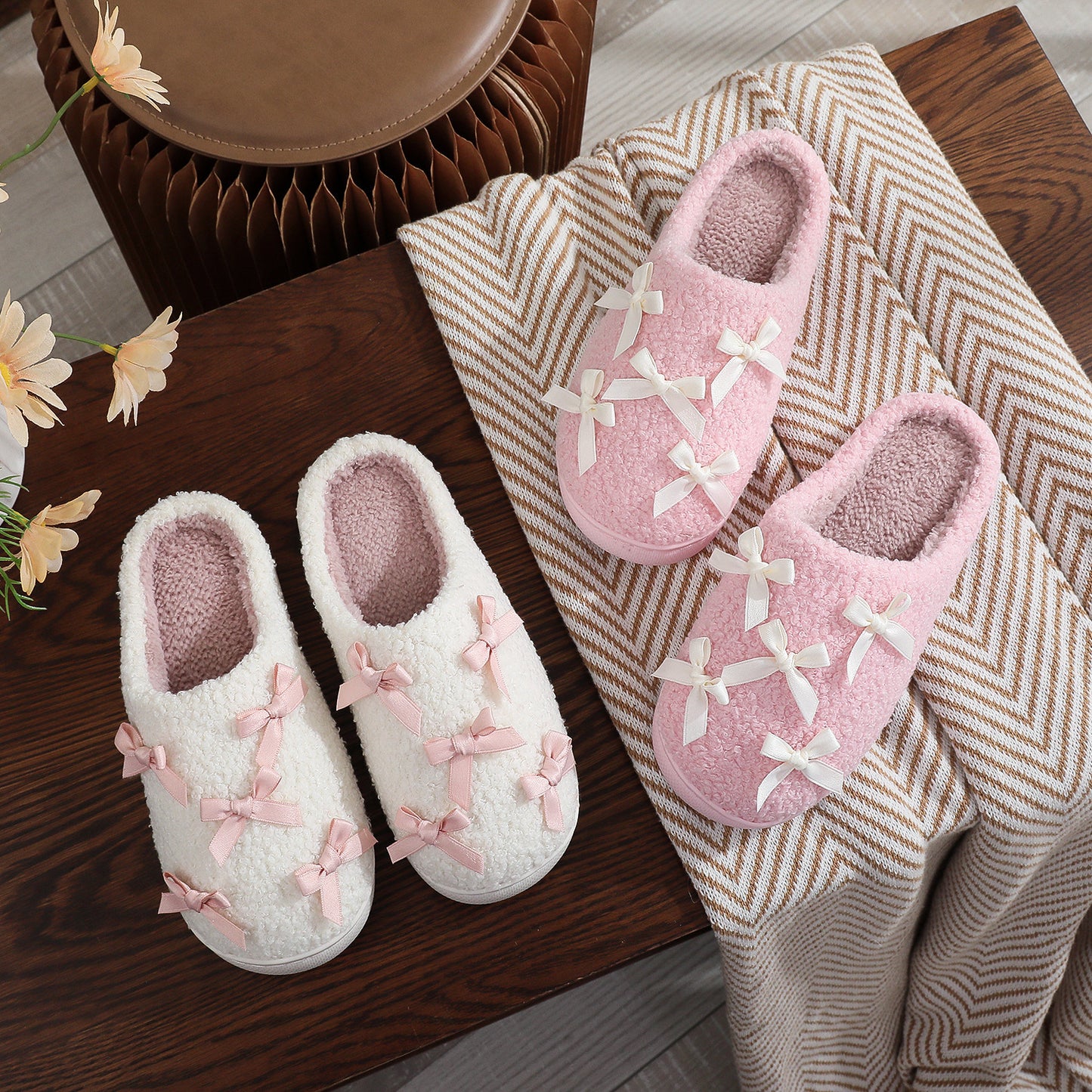 Korean Style Bow Cotton Slippers Women's Cute Warm