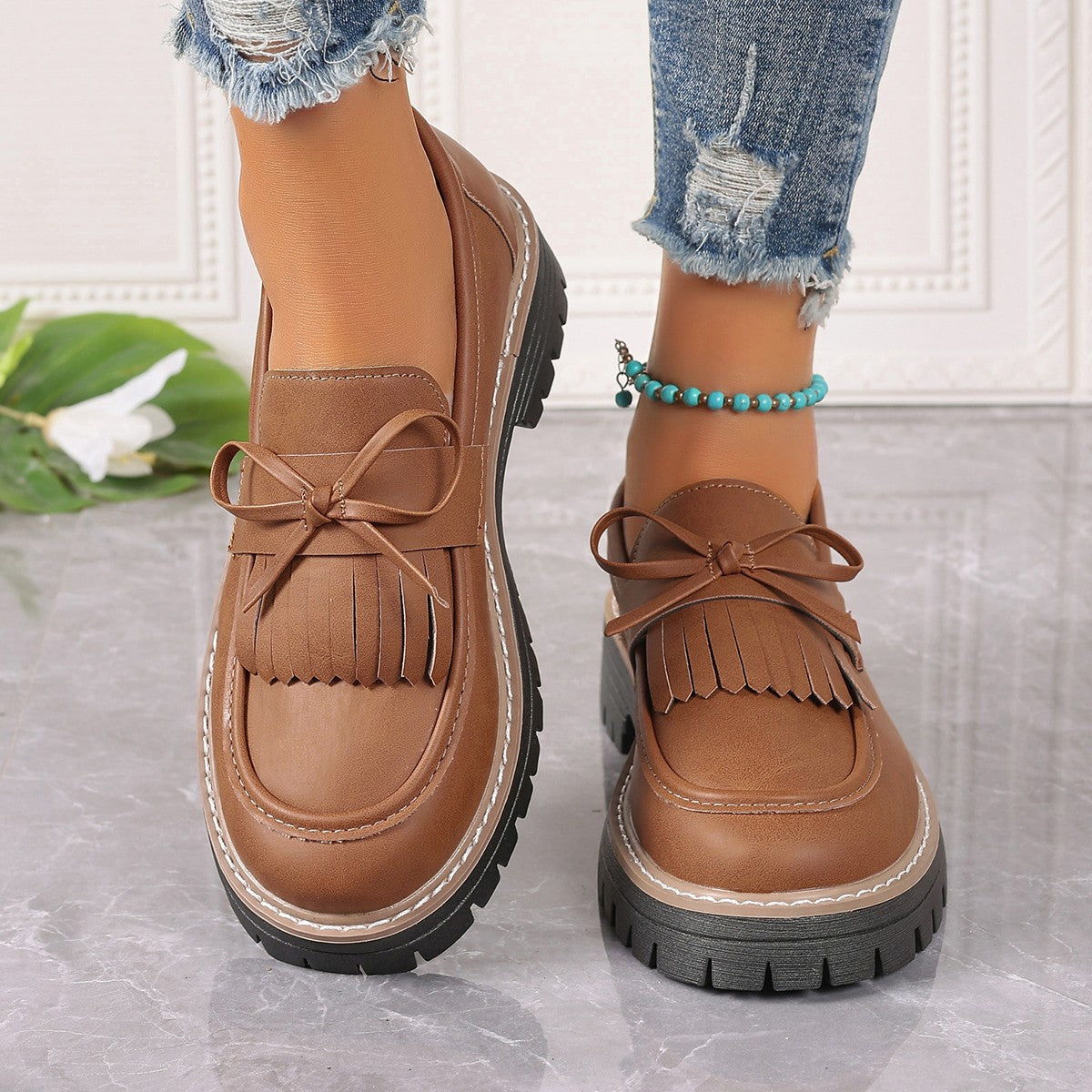 Plus Size Loafers Women Tassel Thick Heel Bowknot