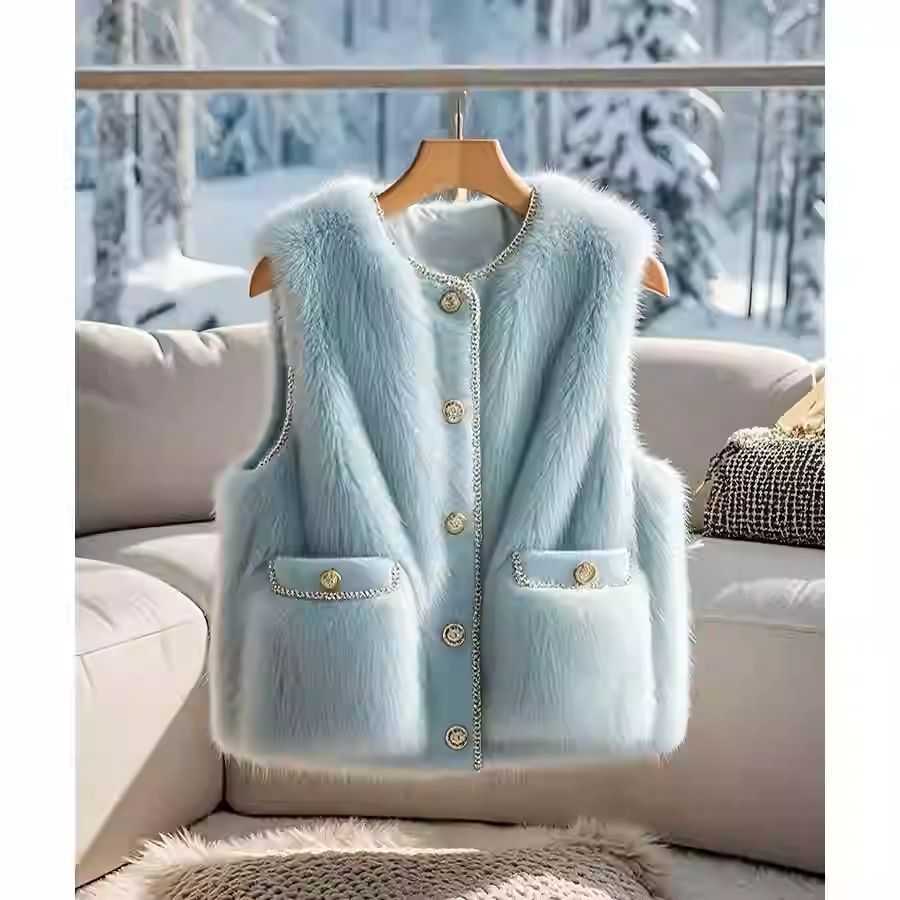 Classic Style Blue Lamb Wool Fur Vest