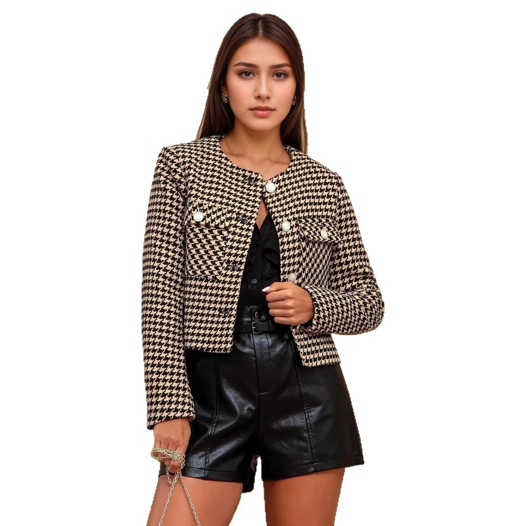 Round Neck Metal Buckle Double Pocket Embellished Coat