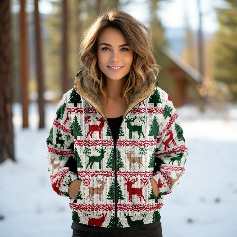 Digital Printing Autumn And Winter Women's Hooded Zipped Cotton-padded Jacket Coat