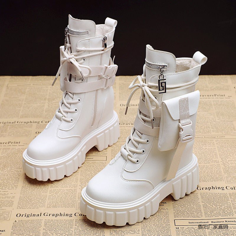 Platform Shoes Female Autumn And Winter Cotton Padded Height Increasing Insole Mid-calf Martin Boots